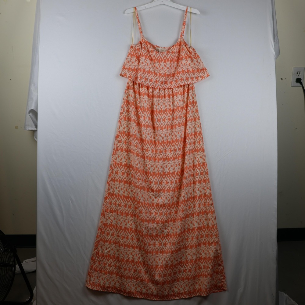My Michelle Dress Womens Large Orange White Ikat Maxi Sleeveless Ruffle Boho NWT